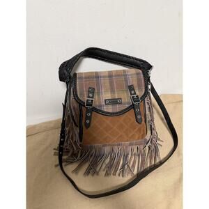 Aimee Crossbody Bag Womens Small Brown Plaid Wool Suede Fringe Leather Boho